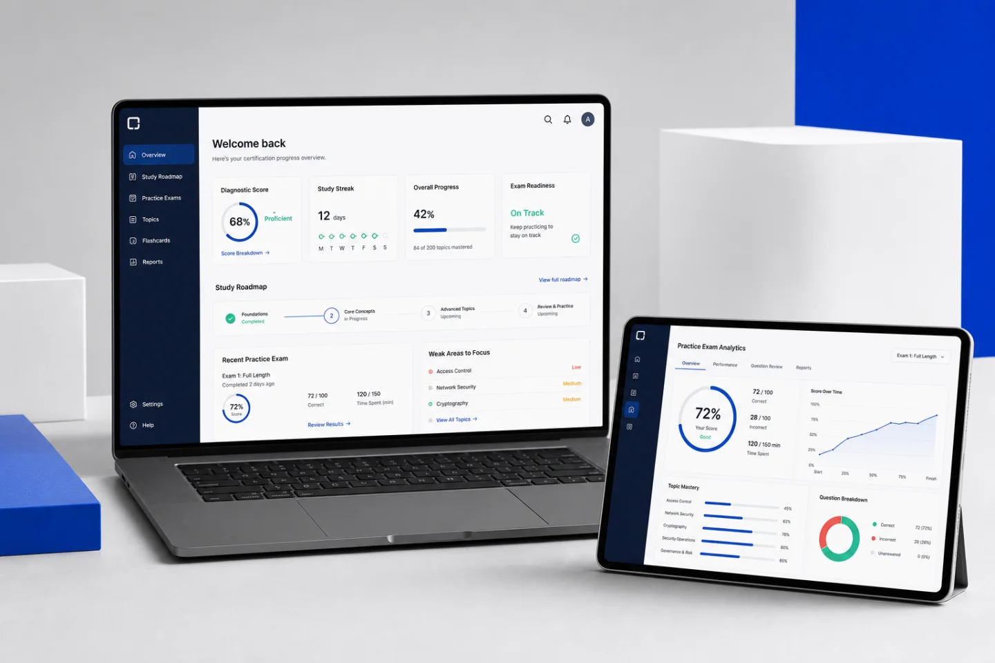 CertVector certification learning dashboard displayed on laptop and tablet