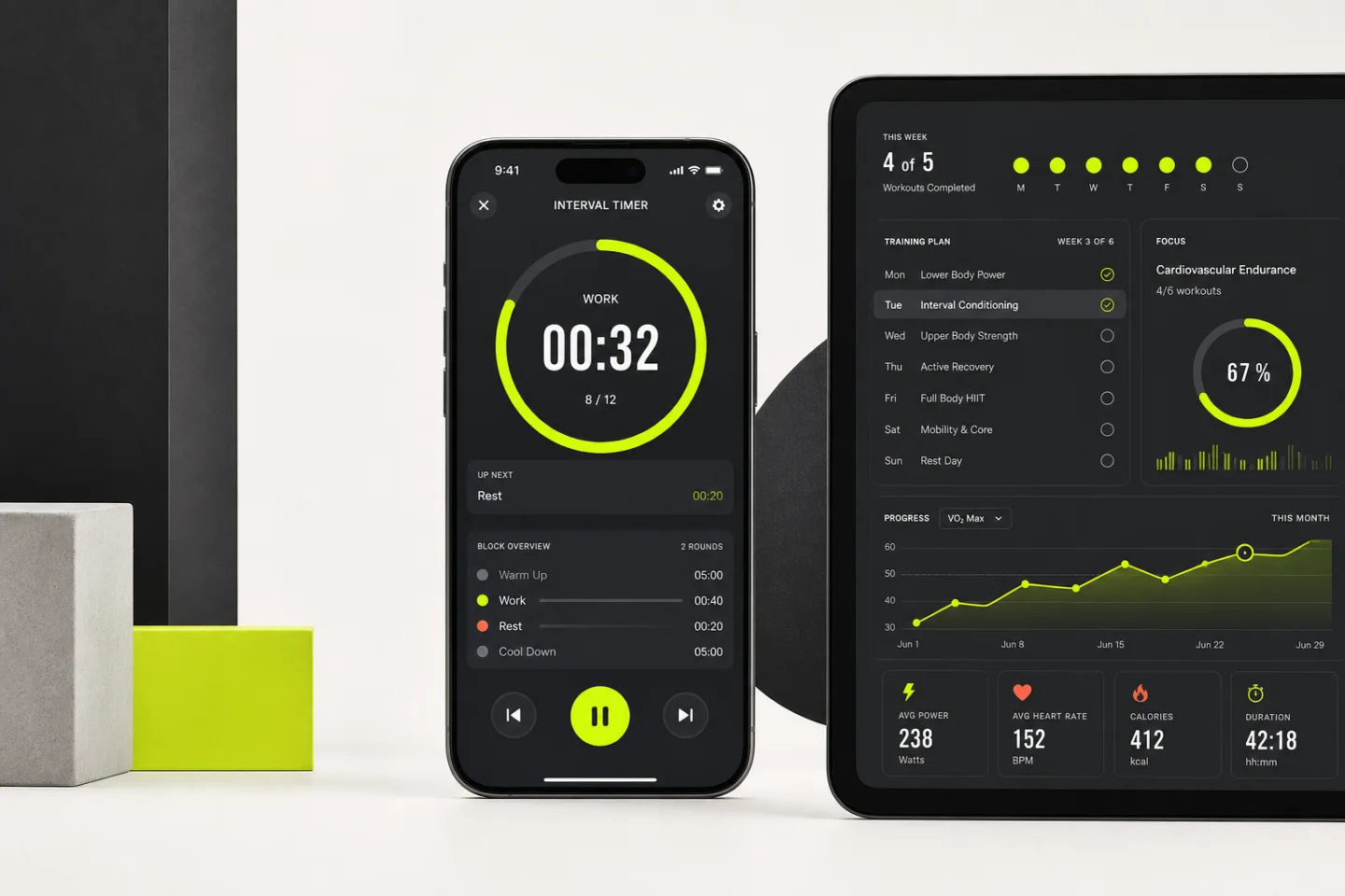 IntenSync workout timer and training analytics mobile app mockup
