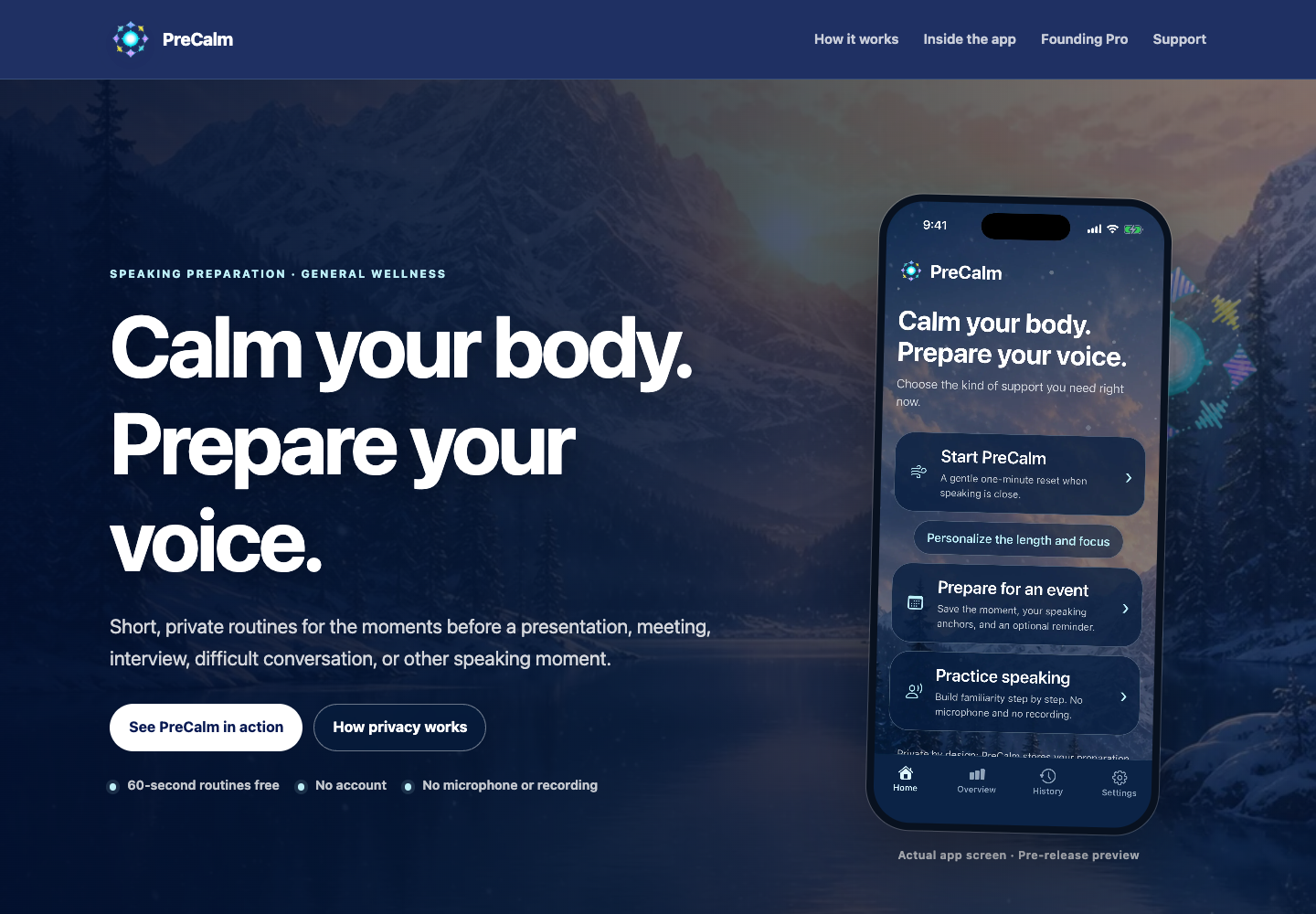Screenshot of the live PreCalm website